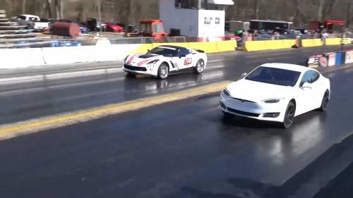 Watch a Tesla Model S P100D Drag Race Z06s and Hellcats