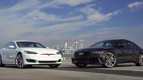 Tesla Model S tries on the very similarly sized Audi RS7 on for good measure