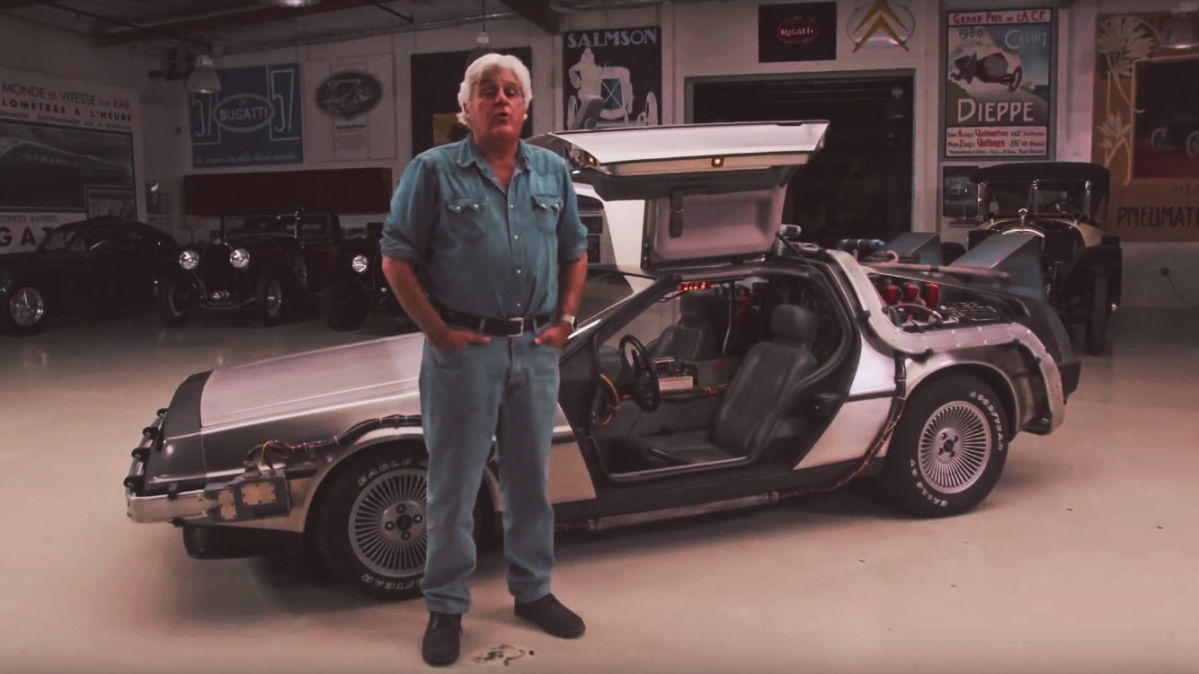 Jay Leno drives Doc Brown’s DeLorean time machine